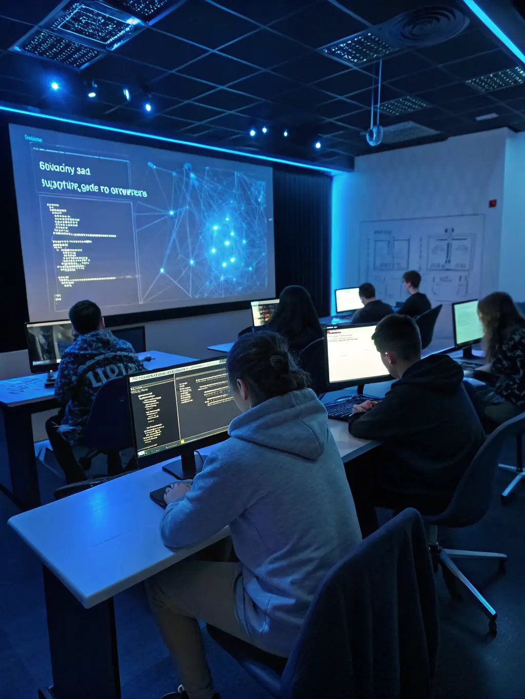 Students in a computer lab, learning coding and digital literacy skills at Kosi National School.