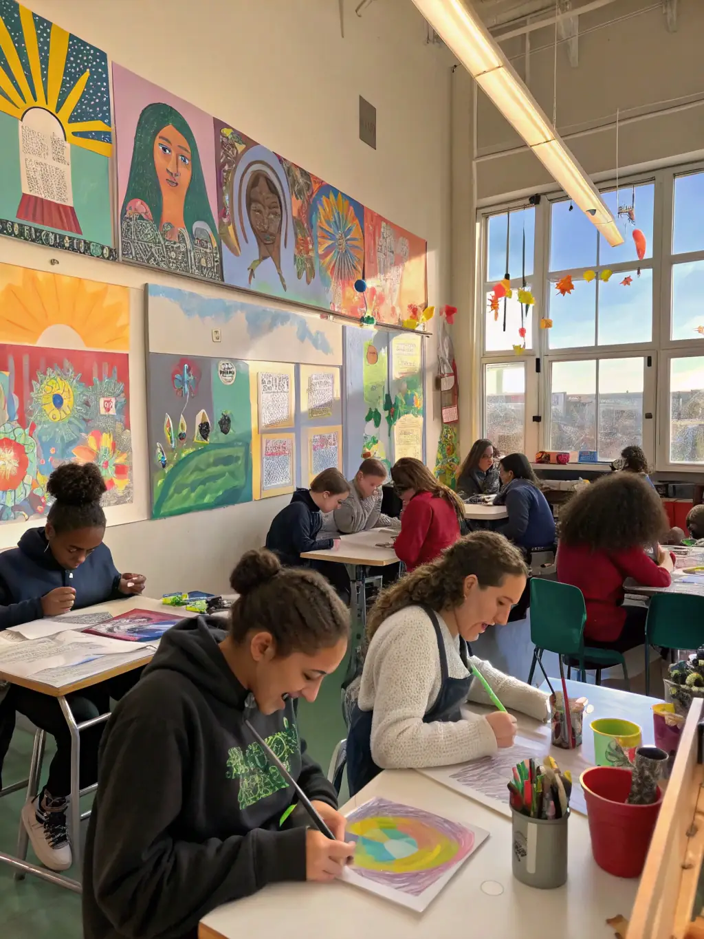 Students working on an art project, demonstrating the school's commitment to fostering creativity and artistic expression.