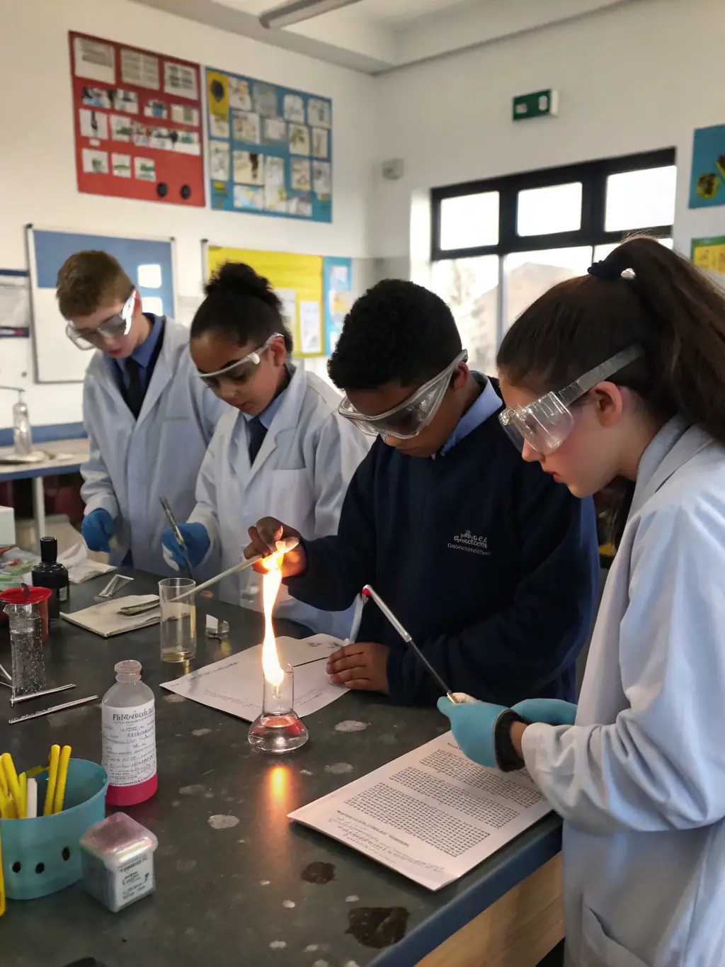 A classroom scene with students actively participating in a science experiment, showcasing hands-on learning at Kosi National School.